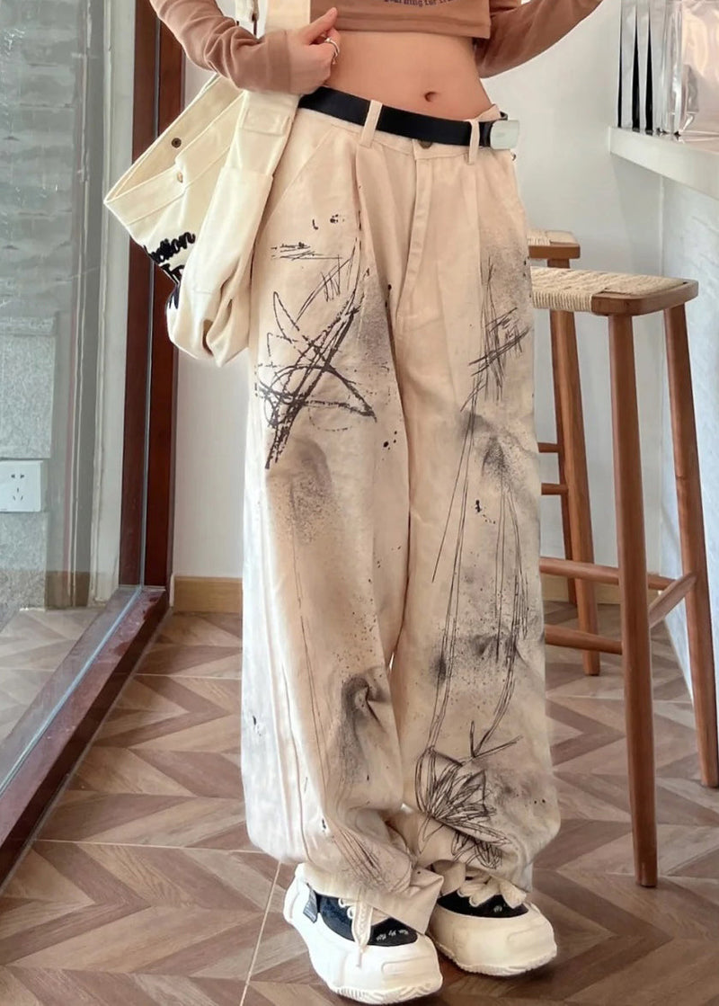 Beige High Waist Pockets Tie Dye Denim Straight Pants Fall