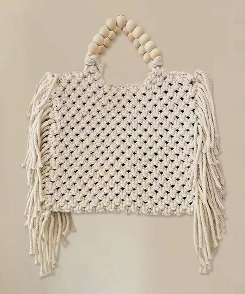 Blue Tasseled Hollow Out Knit Tote Handbag