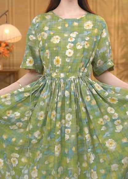 Grass Green Cinched Print Cotton Ankle Dress Summer