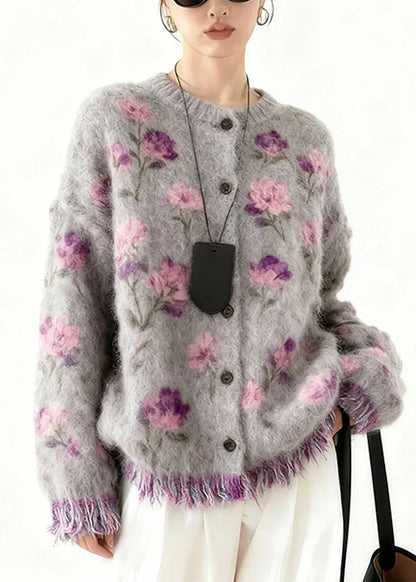 New Purple Print Button Tassel Cotton Knit Cardigans Spring