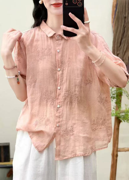 Fine Pink Oversized Embroidered Linen Tops Summer