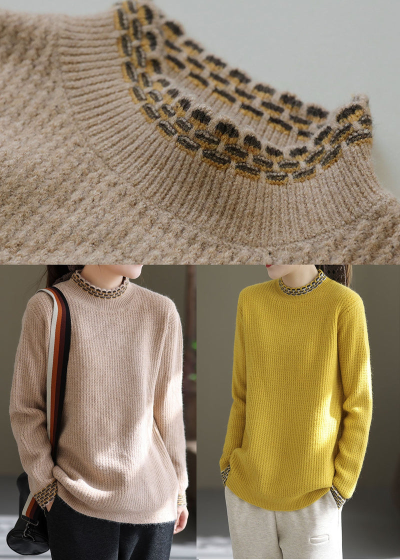 Simple Yellow High Neck Thick Knit Sweater Tops Winter
