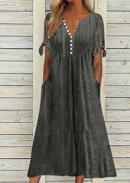 New White V Neck Hollow Out Loose Cotton Dress Summer