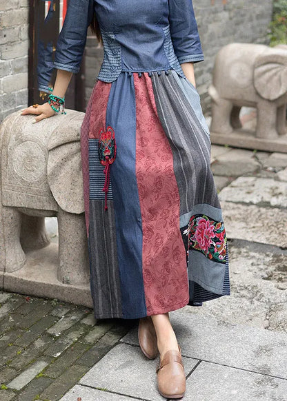 Novelty Navy Blue Print Patchwork Embroidered Tassel High Waist Maxi Skirts