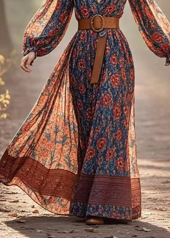 Red Patchwork Tunic Chiffon Long Dress Lantern Sleeve