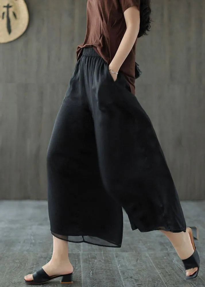 Handmade Black-print2 Elastic Waist Retro Wide Leg Crop Pants