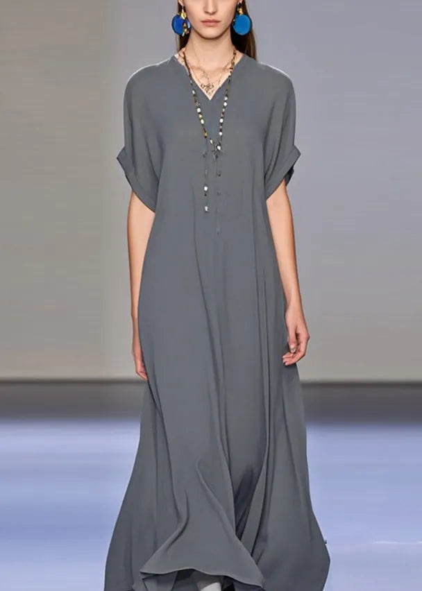 Art Dark Grey V Neck Draping Chiffon Maxi Dress Summer
