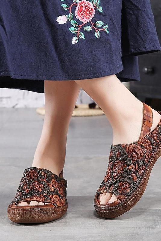 Genuine Leather Sandals Flower Elastic Band Flat Heel Sandals