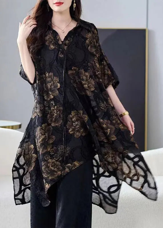 Black Asymmetrical Print Chiffon Cardigans Summer