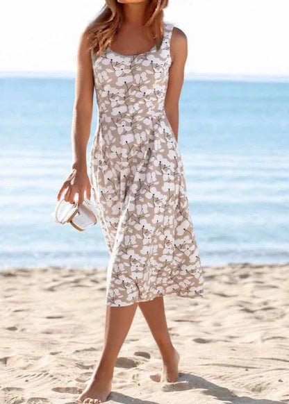 Khaki O Neck Print Cotton Vacation Dresses Sleeveless