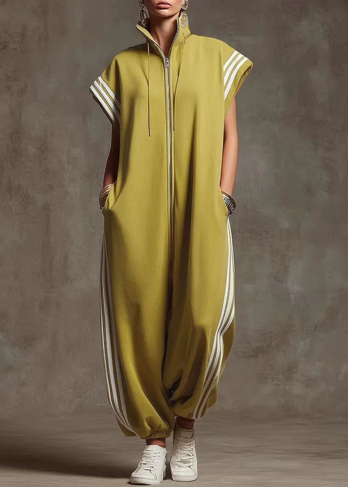 Yellow Stand Collar Zip Up Striped Cotton Jumpsuit Summer