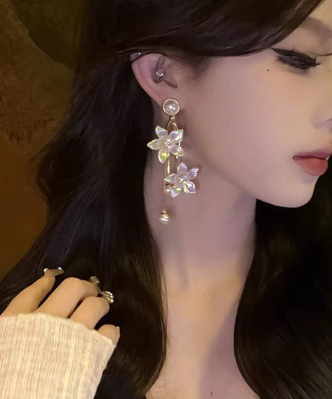 Gold Acrylic Alloy Zircon Pearl Tassel Drop Earrings