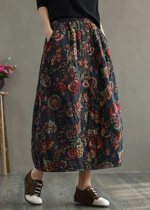 Black - Texture Elastic Waist Patchwork Print Fine Cotton Filled Skirt Winter