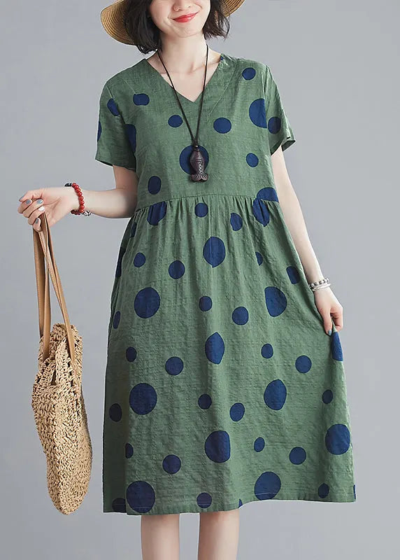 Yellow Wrinkled V Neck Pockets Dot Print Cotton Dresses Short Sleeve