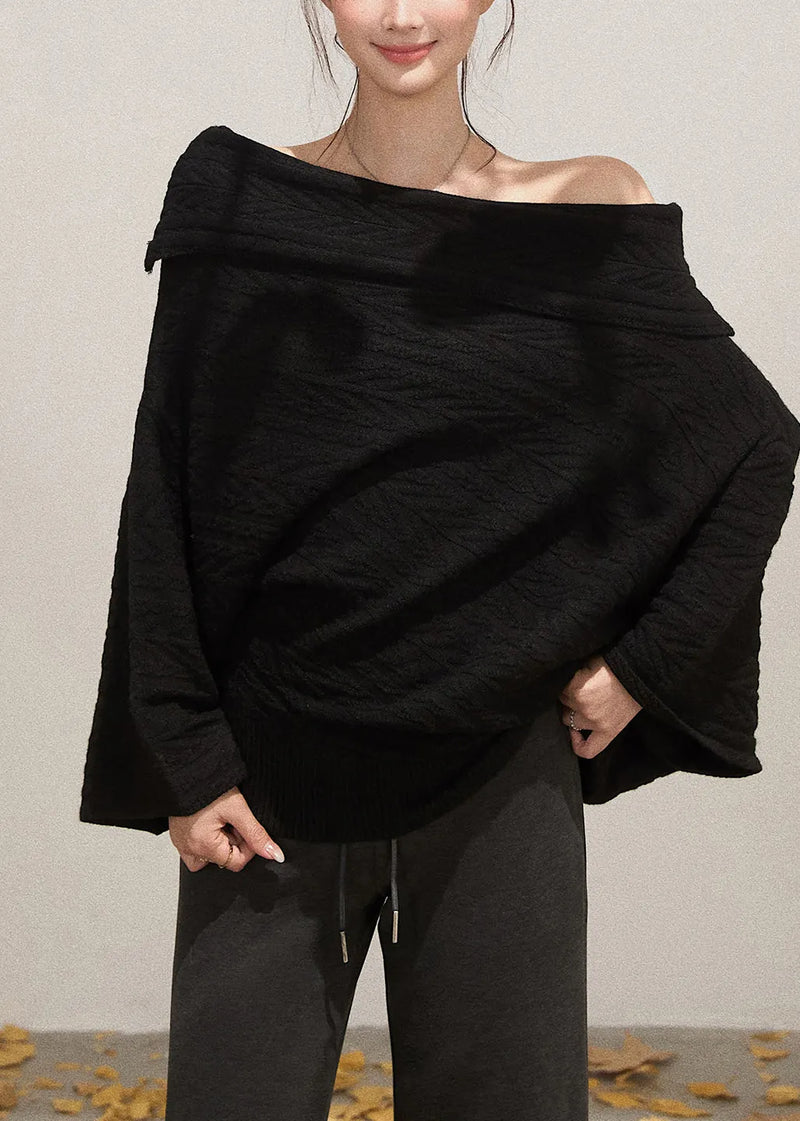 Black Cold Shoulder Knit Short Sweater Fall