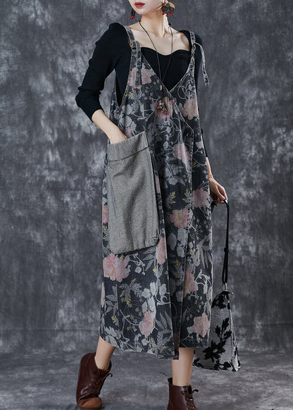 Black Print Patchwork Pocket Denim Cami Dress Spring