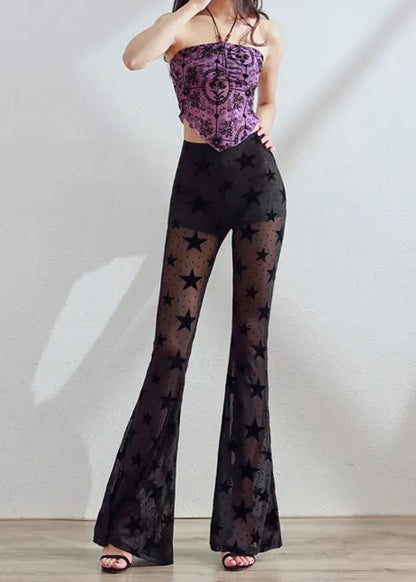 Boutique Black Star Print Hollow Out Tulle Flare Bottoms Pants Fall