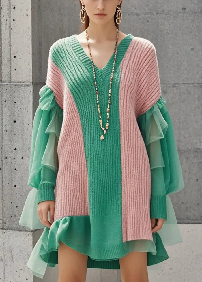Colorblock V Neck Patchwork Tulle Knitwear Dress Fall