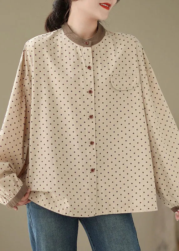 Versatile Green Dot Print Cotton Shirt Fall