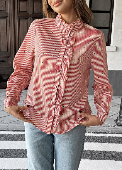 Red Ruffled Striped Patchwork Cotton Shirt Top Fall