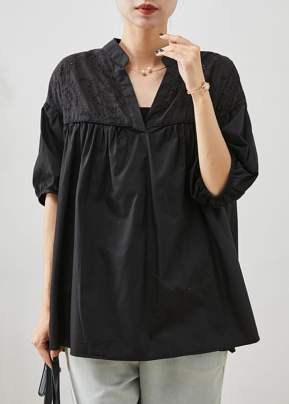 Black Embroidered Patchwork Cotton Blouse Tops Summer