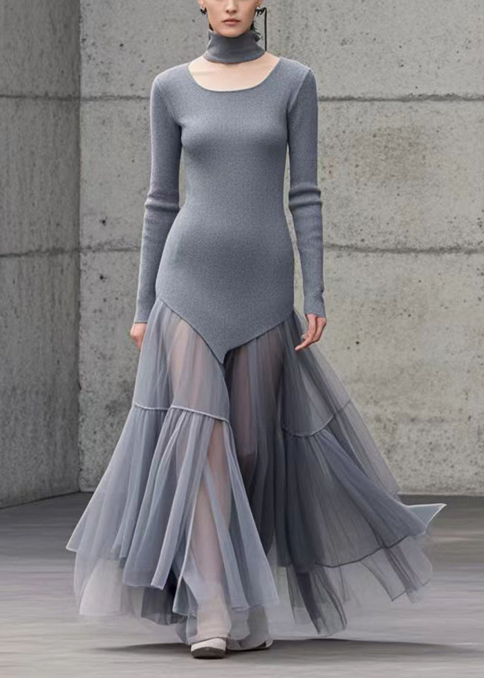 Diy Grey Silm Fit Patchwork Tulle Knit Dress Winter