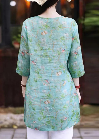 Green O Neck Print Linen Shirt Top Bracelet Sleeve