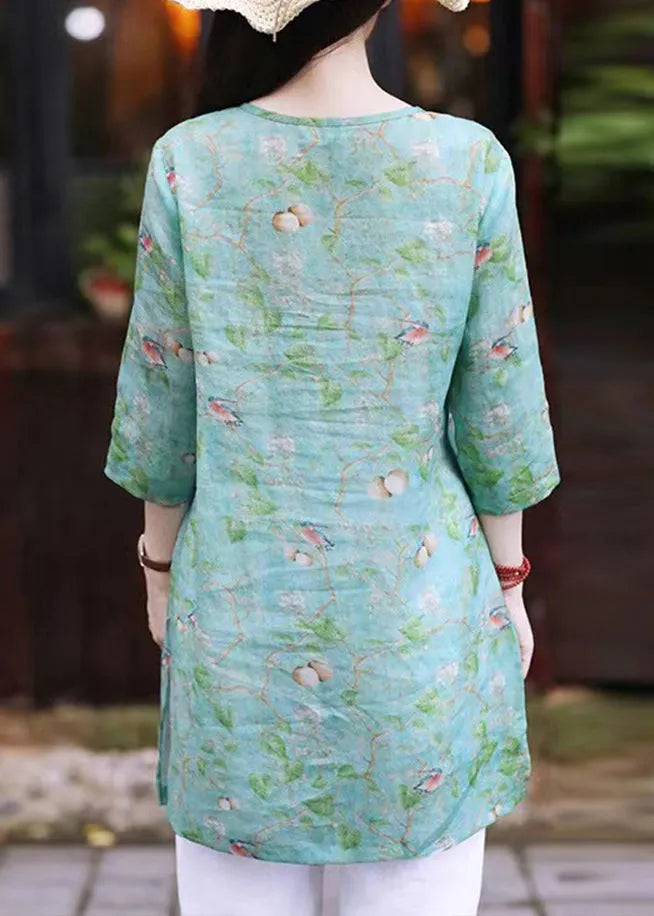 Green O Neck Print Linen Shirt Top Bracelet Sleeve