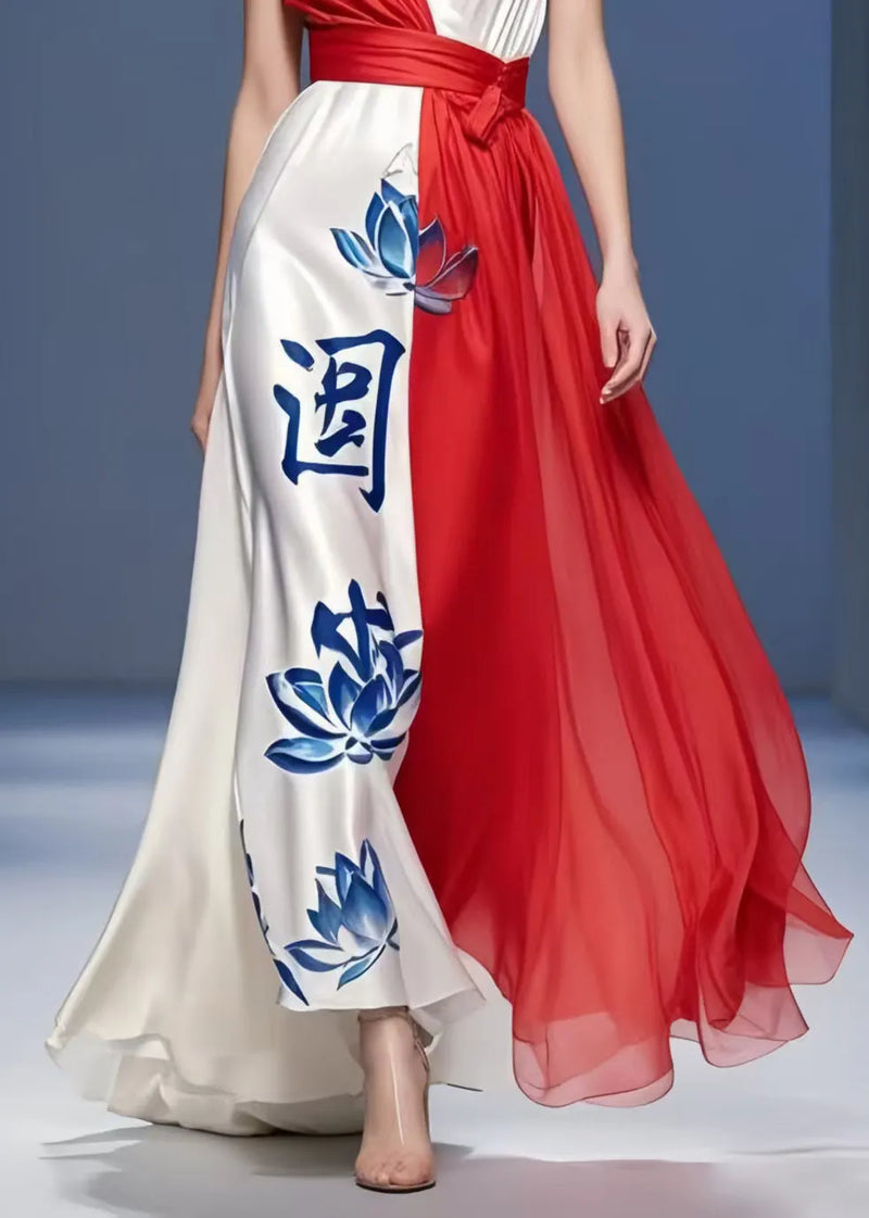 French Colorblock Asymmetrical Patchwork Silk Long Dress Summer
