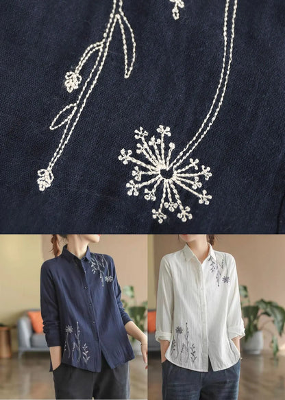 Navy Slim Fit Cotton Shirt Turn-down Collar Embroidered Spring