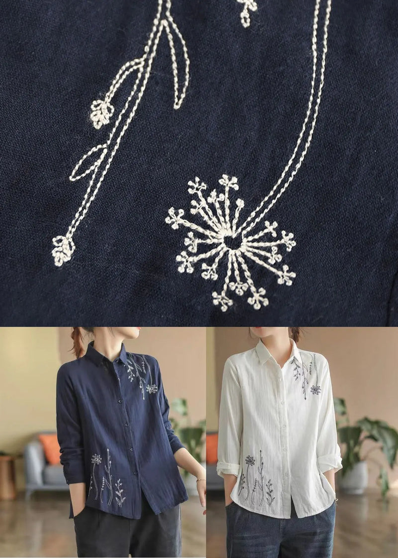 Navy Slim Fit Cotton Shirt Turn-down Collar Embroidered Spring