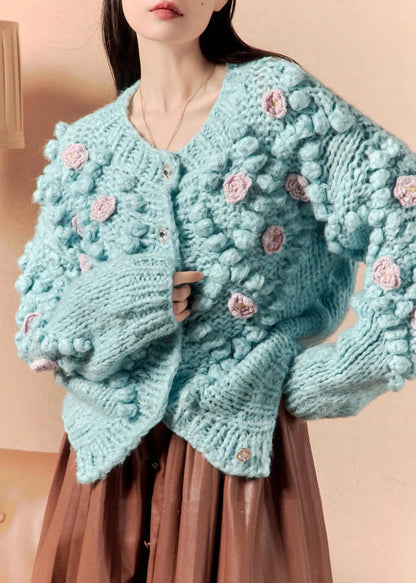 Blue O Neck Button Knit Cardigan Winter