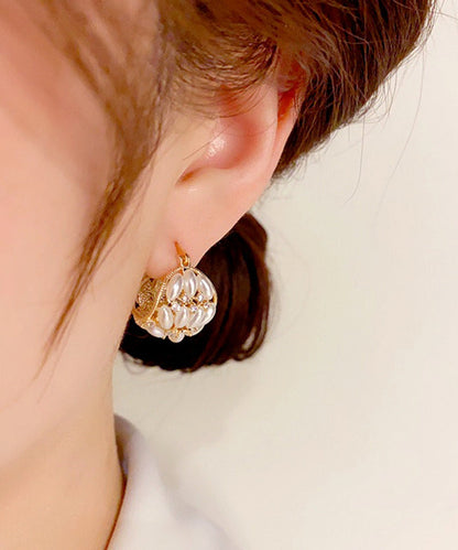 Gold Copper Zircon Pearl Flower Basket Hoop Earrings