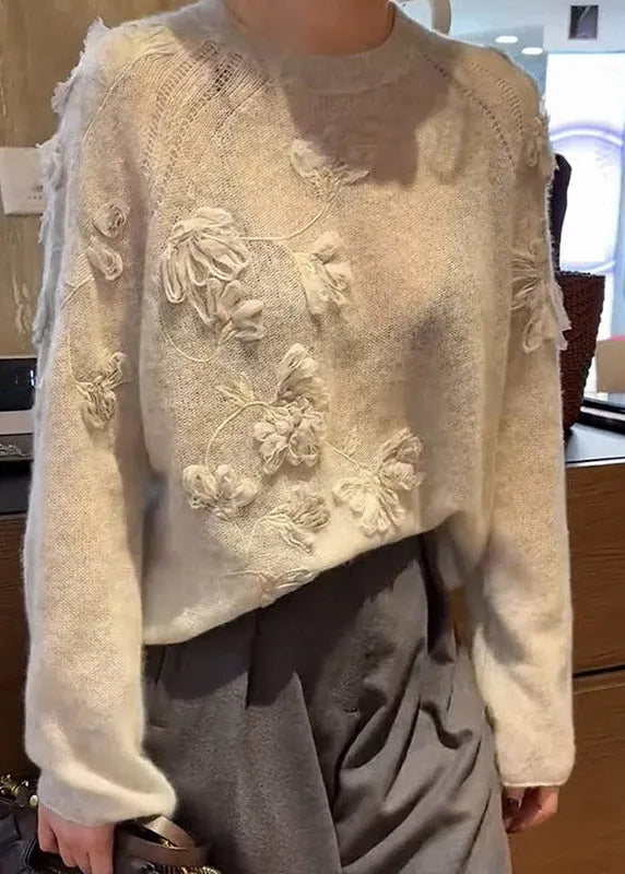 Fine Beige Embroidered Cotton Knit Sweaters Spring