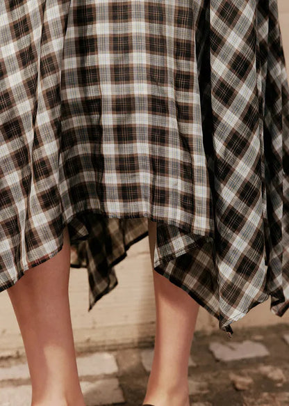 Natural Coffee Plaid Asymmetrical High Waist Silk Cotton a Line Skirts Summer