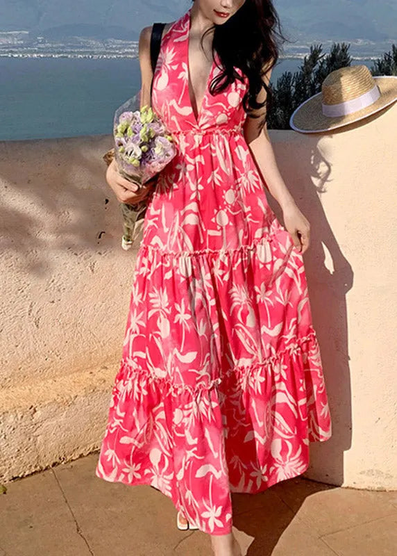 Red Patchwork Halter Wrinkled Maxi Beach Dress Sleeveless