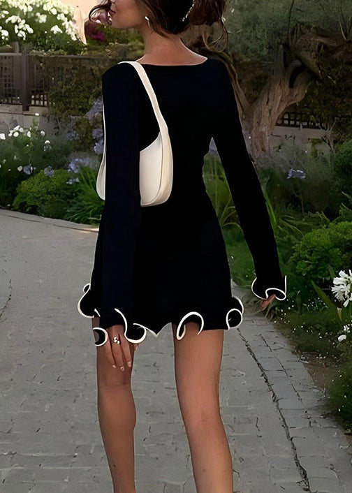 Black Cotton Mid Dress O-neck Butterfly Sleeve