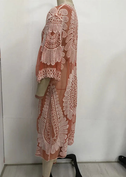 Unique Orange V-neck Print Lace Patchwork Tulle Swimwear Cardigans
