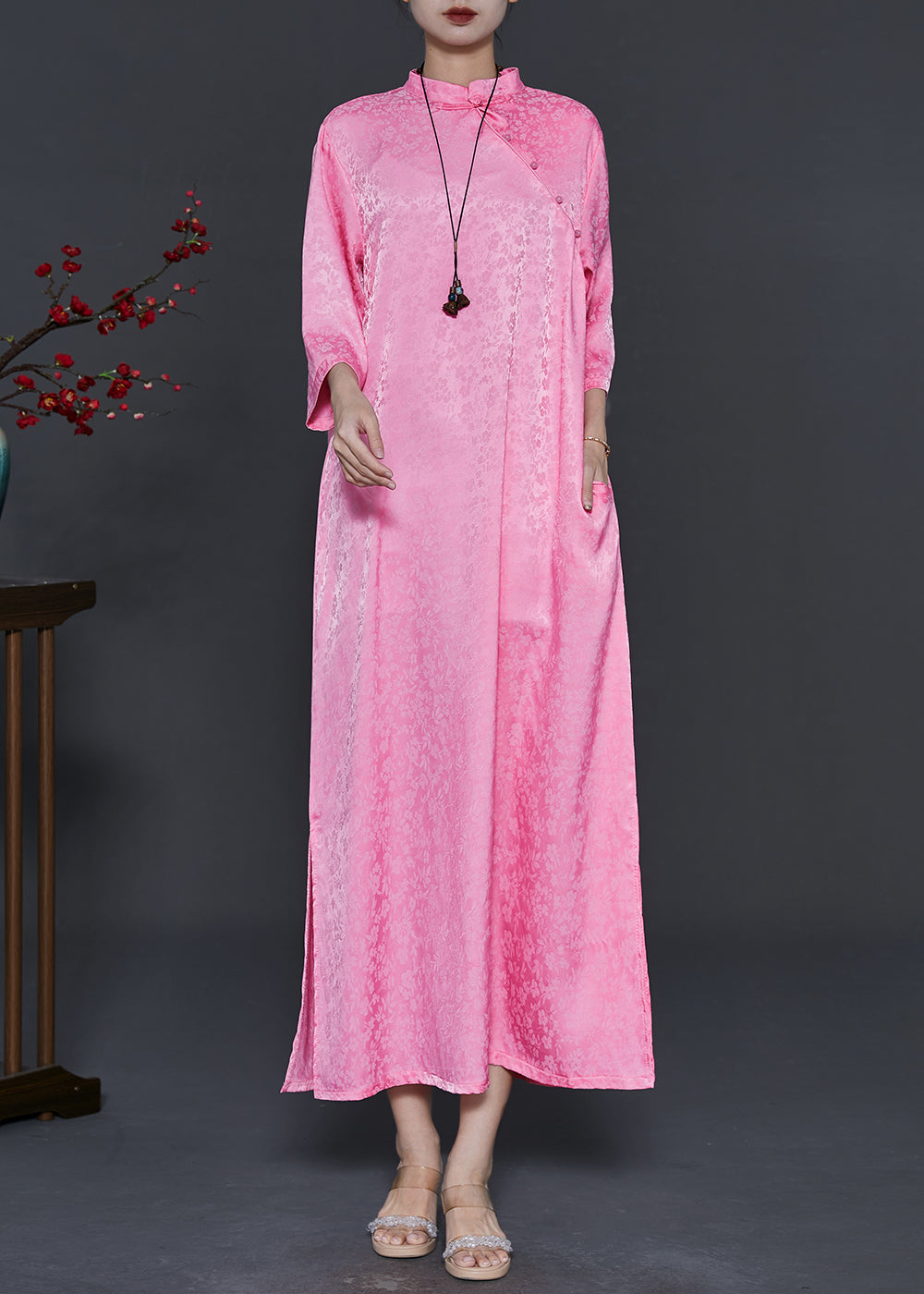 Pink Mandarin Collar Print Silk Robe Dresses Bracelet Sleeve