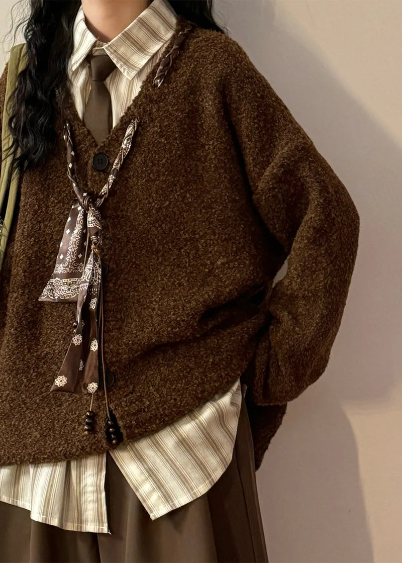 Grey V Neck Scarf Design Button Knit Coats Spring