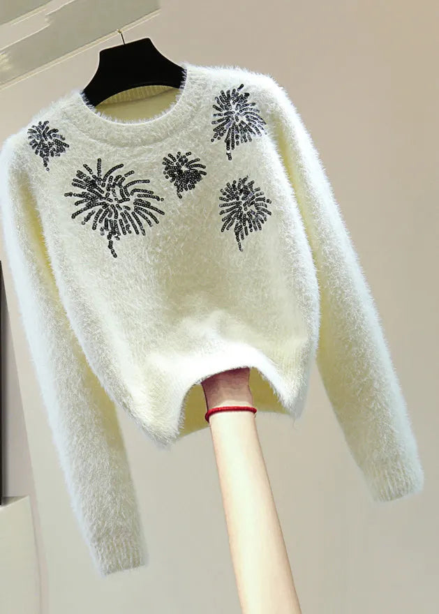 Natural White O-neck Sequins Thick Cotton Knit Sweater Winter