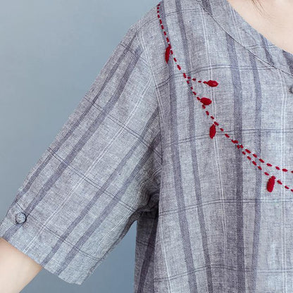 Light Gray Plaid Cotton Linen Dresses Half Sleeve Pockets O Neck Embroidery Cotton Linen Clothing Dresses