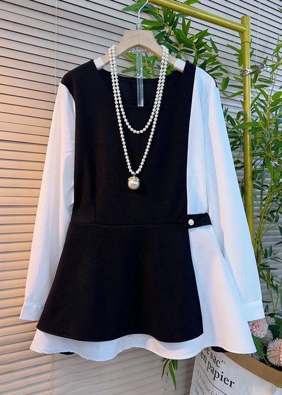 Black Oversized Patchwork Cotton Fake Two Piece Tops Fall