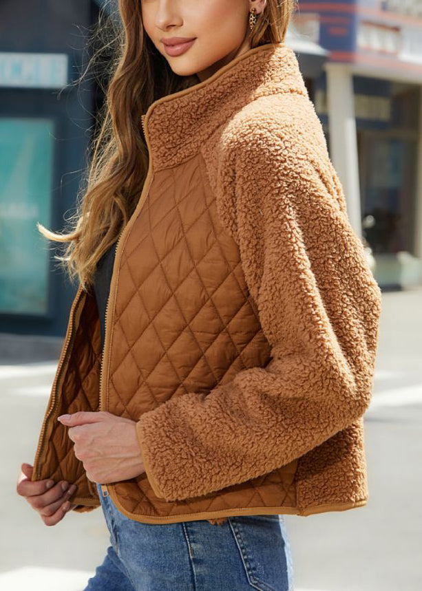 French Brown Stand Collar Patchwork Faux Fur Jackets Fall