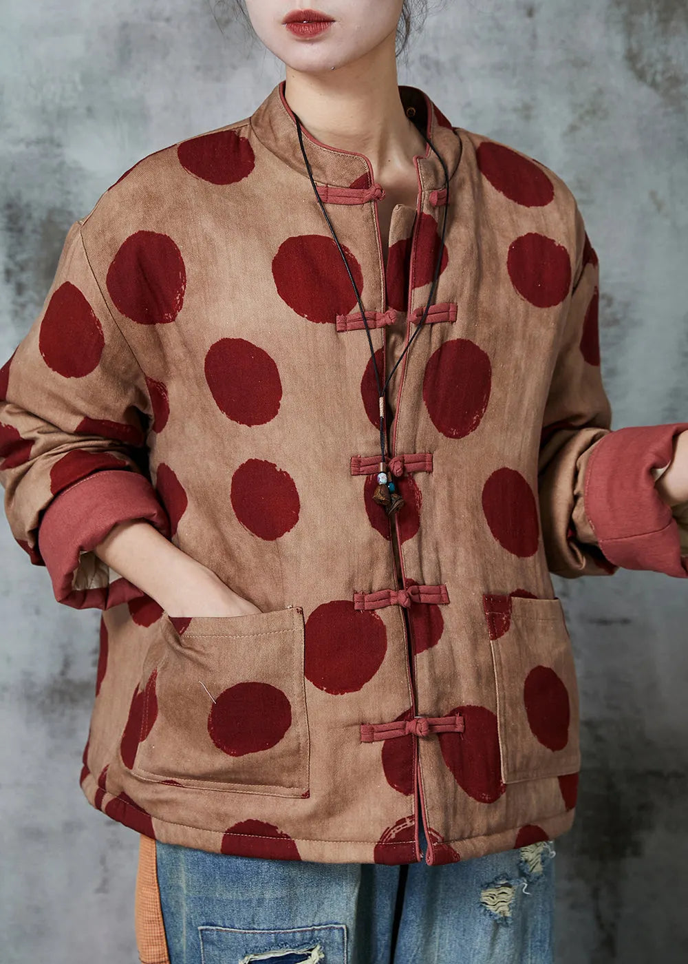 Orange Print Chinese Button Fine Cotton Filled Coat Winter