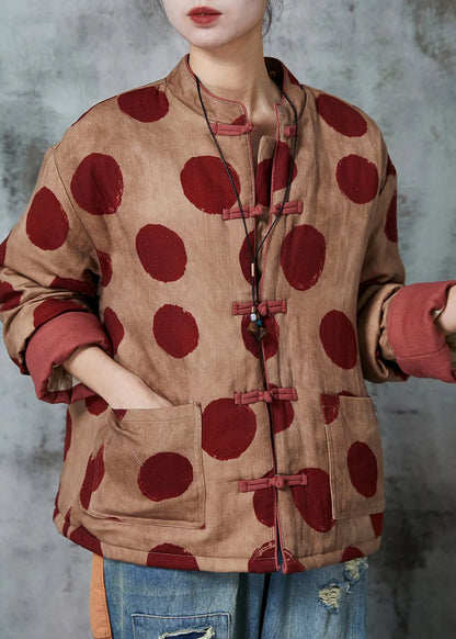 Orange Print Chinese Button Fine Cotton Filled Coat Winter
