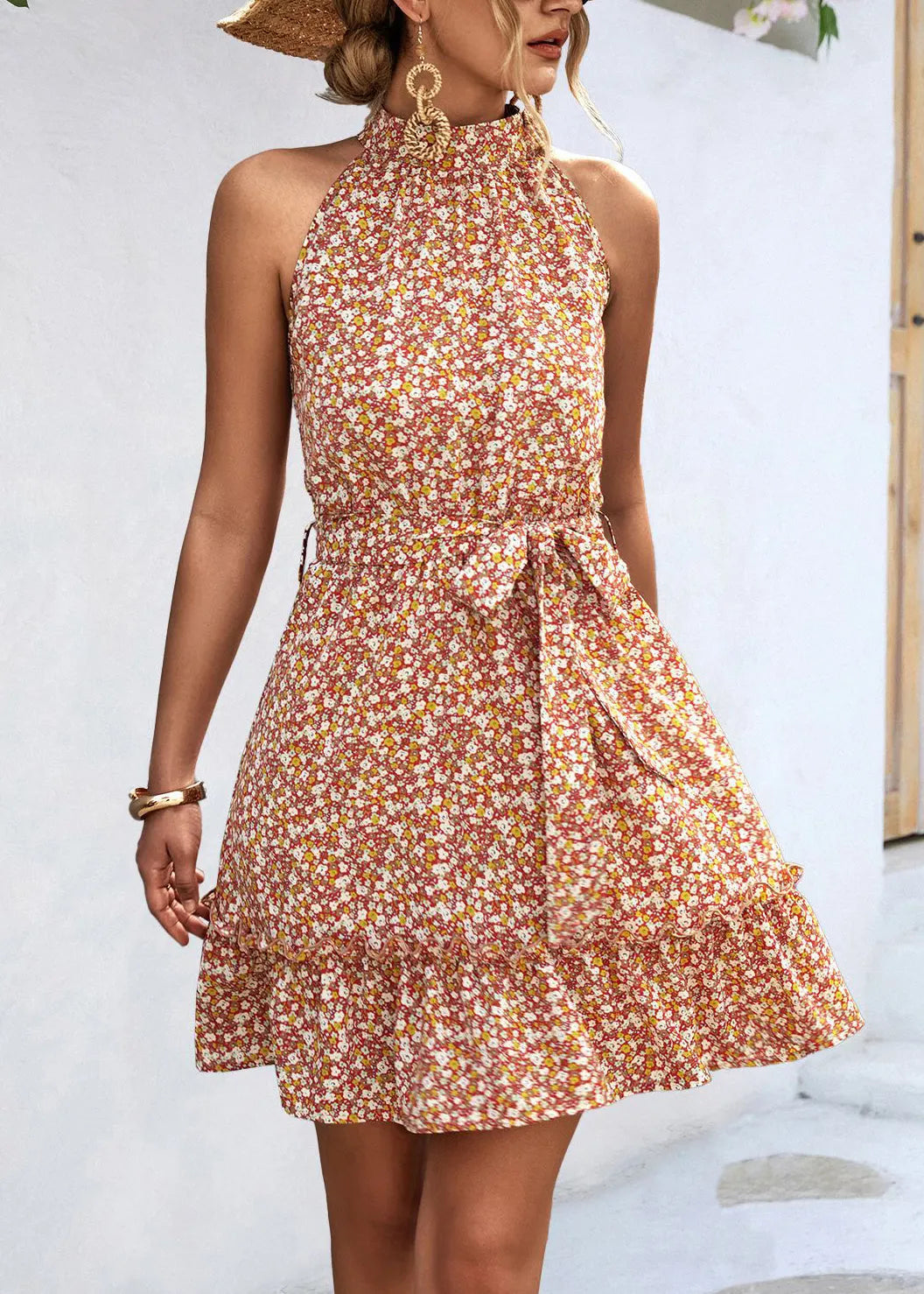 New Apricot Halter Print Lace Up Chiffon Mid Dresses Sleeveless