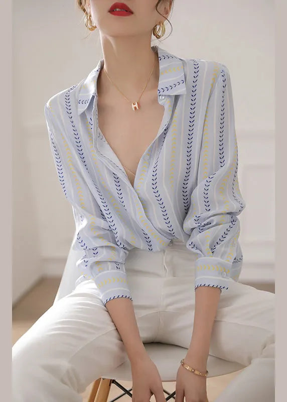 Blue Peter Pan Collar Striped Cotton Blouse Top Spring