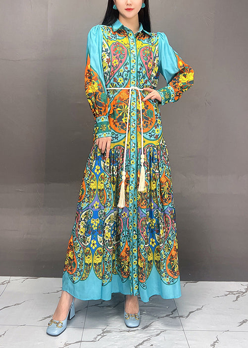Blue Peter Pan Collar Button Print Cotton Long Dress Fall