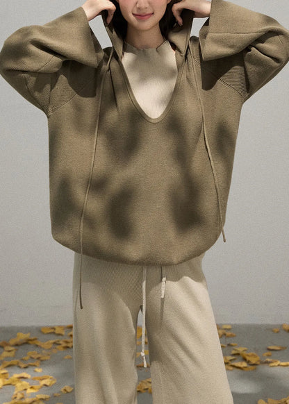 Army Green Knit Pullover V Neck Hooded Fall